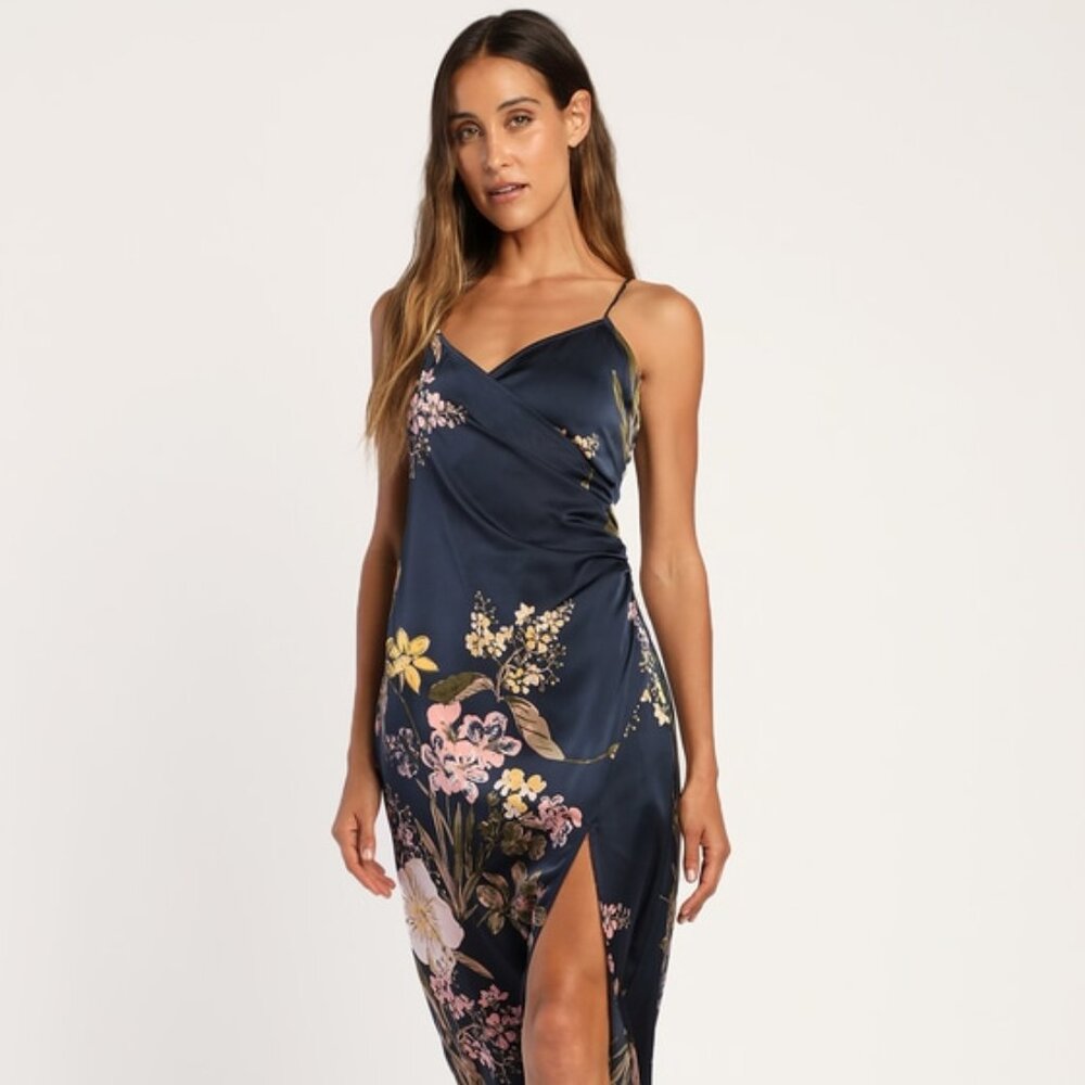 Lulus Remarkable Entrance Navy Blue Floral Print Satin Midi Dress - Size S